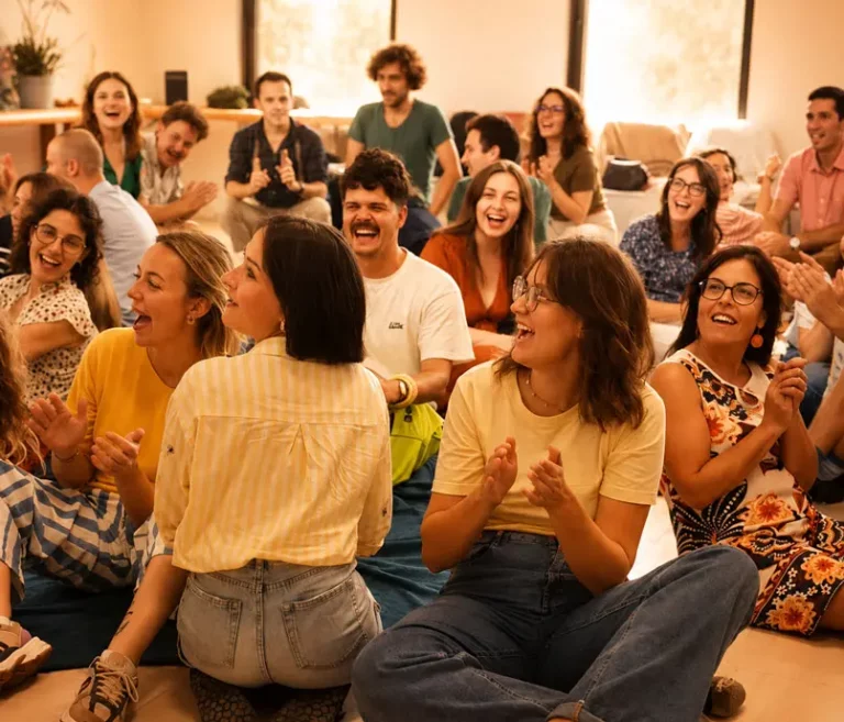 Participants riant ensemble lors d’une séance de Yoga du Rire à Chartre
