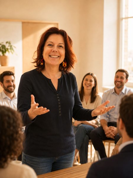 Animatrice souriante debout devant un groupe de collaborateurs assis