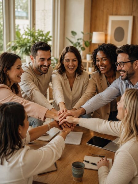Équipe en entreprise souriante, les mains réunies au centre d’une table