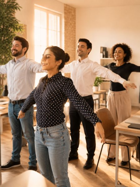 Quatre collaborateurs souriants effectuent un exercice de détente, les bras ouverts, dans un bureau lumineux