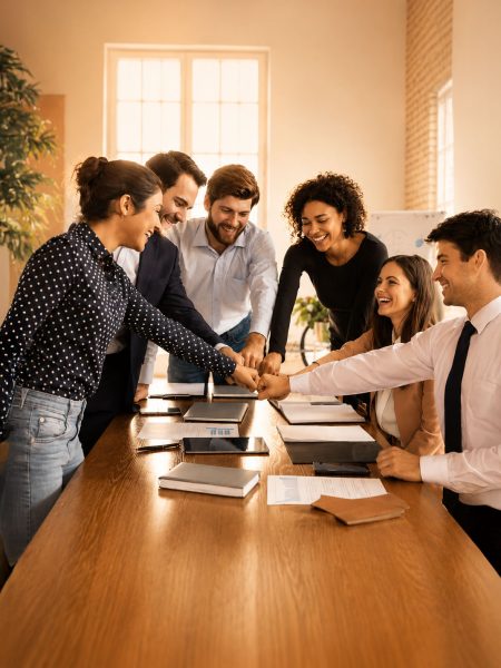Équipe de collaborateurs souriants réunissant leurs mains au centre d’une table