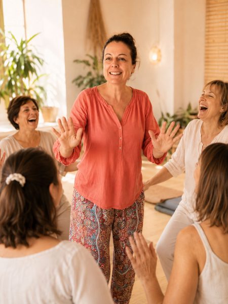 Magalie anime un atelier de yoga du rire avec un groupe de participantes souriantes