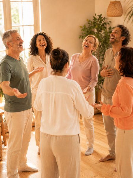 Groupe d’adultes en cercle riant ensemble dans une salle lumineuse